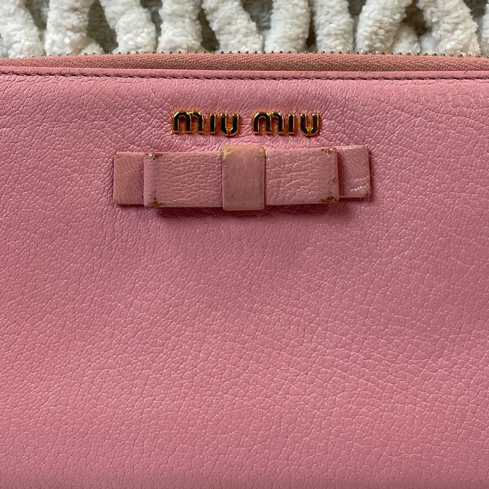 Miu Miu Rose Pink Leather Zip-Around Wallet with Bow
